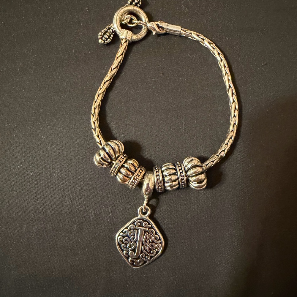 Sterling-Style Silver Charm Bracelet with Filigree Initial Pendant